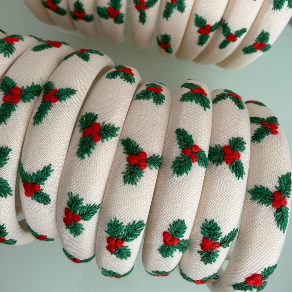 Hand-embroidered linen holiday holly headband